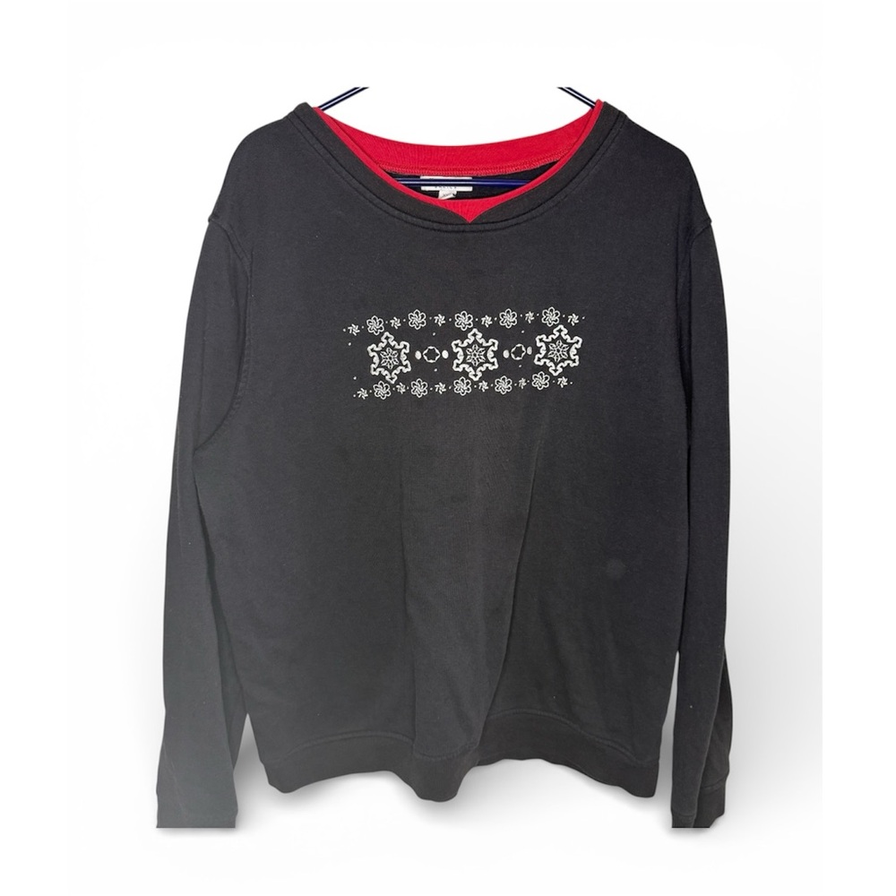 Women’s Vintage Black Snowflake Sweater Red Trim Size XXL